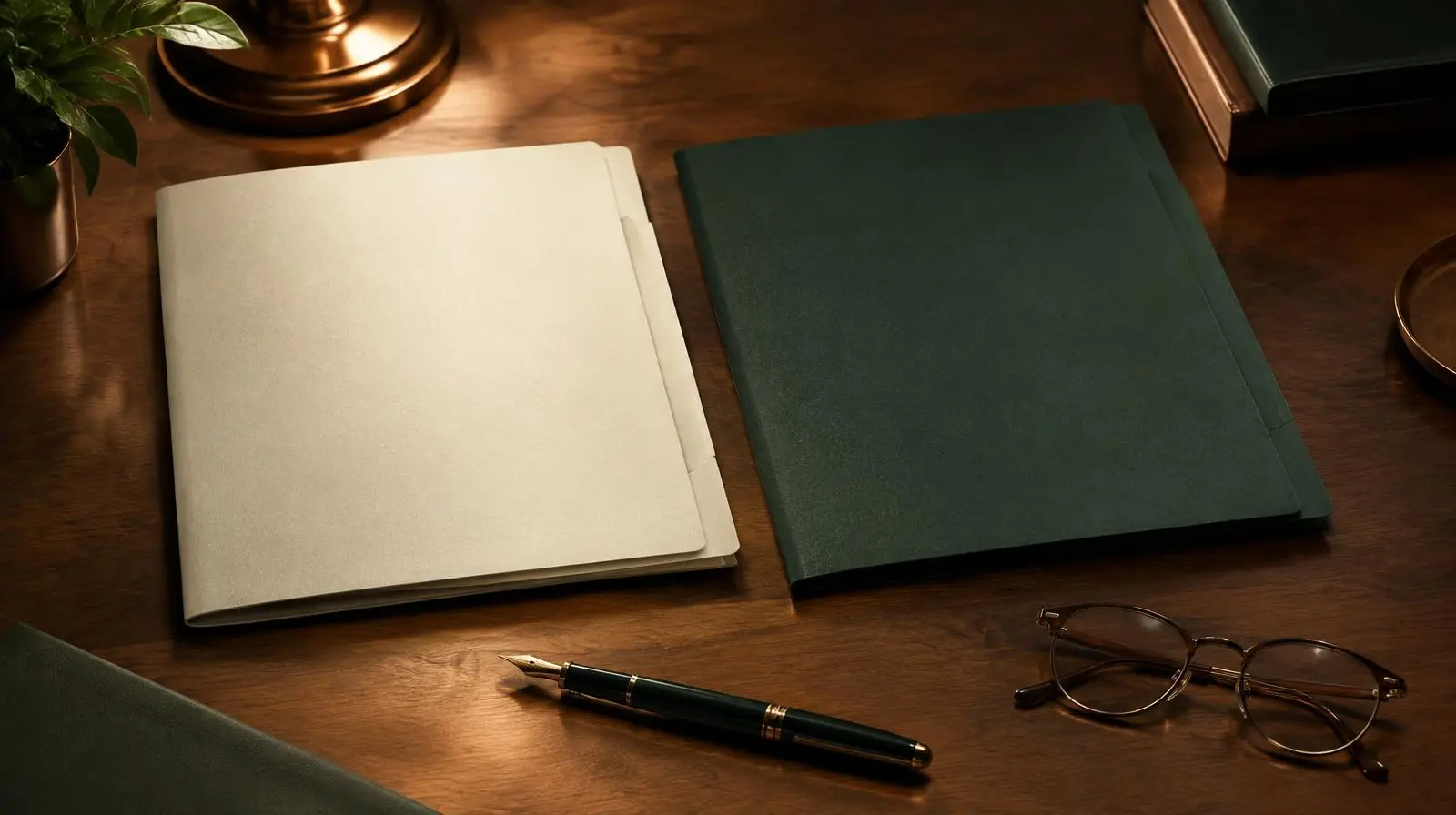 Deux dossiers posés côte à côte sur un bureau en bois, stylo plume et lunettes, style éditorial.