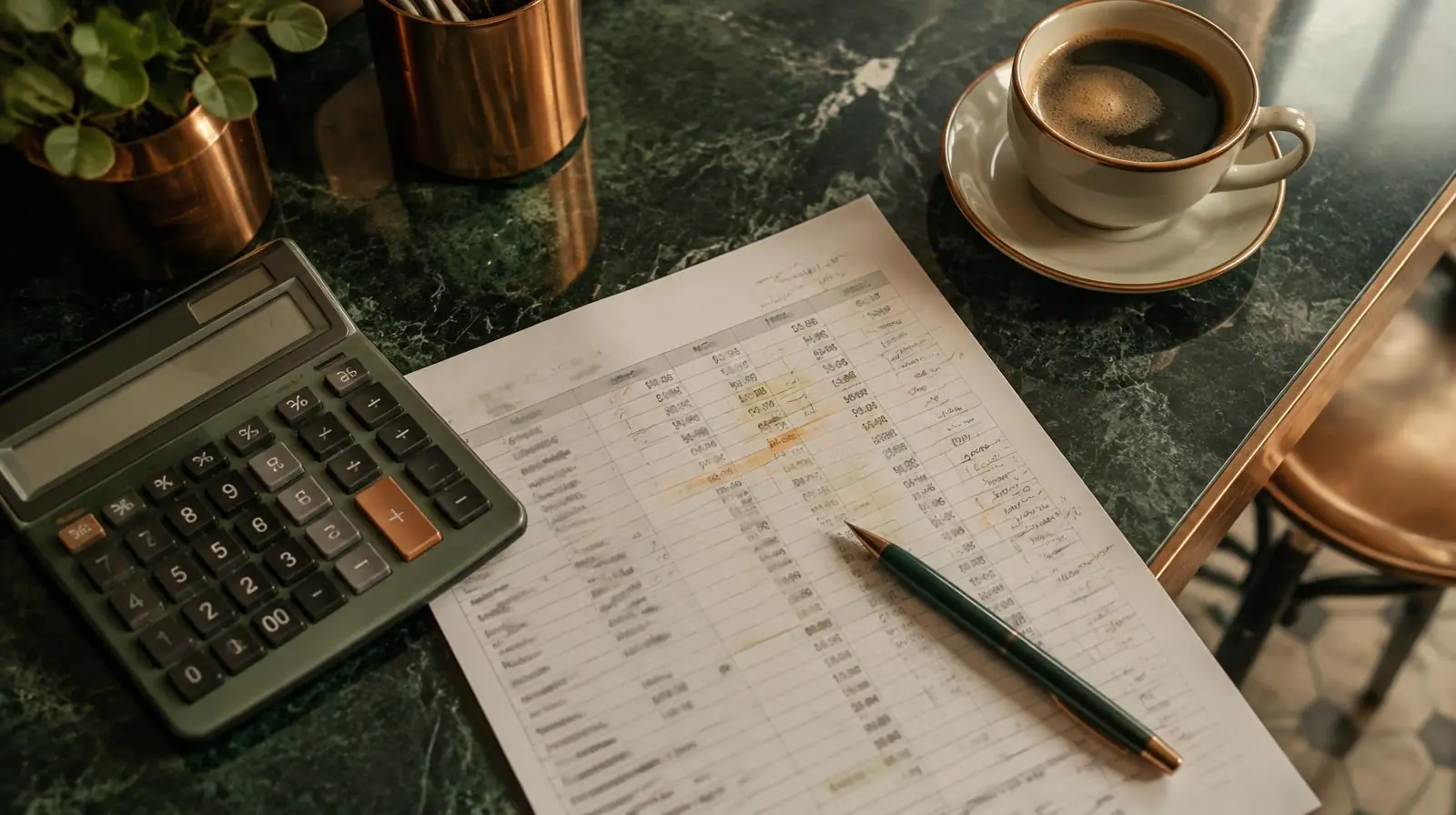 Une calculatrice, un bilan comptable annoté et une tasse de café sur un comptoir de commerce, vue de dessus, lumière douce.