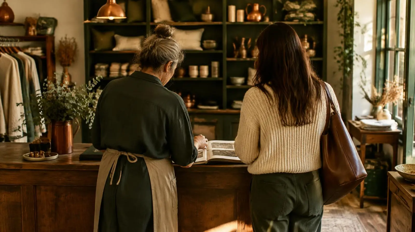 Un commerçant et un repreneur relisant un dossier sur le comptoir d’une boutique, lumière chaude de fin de journée.