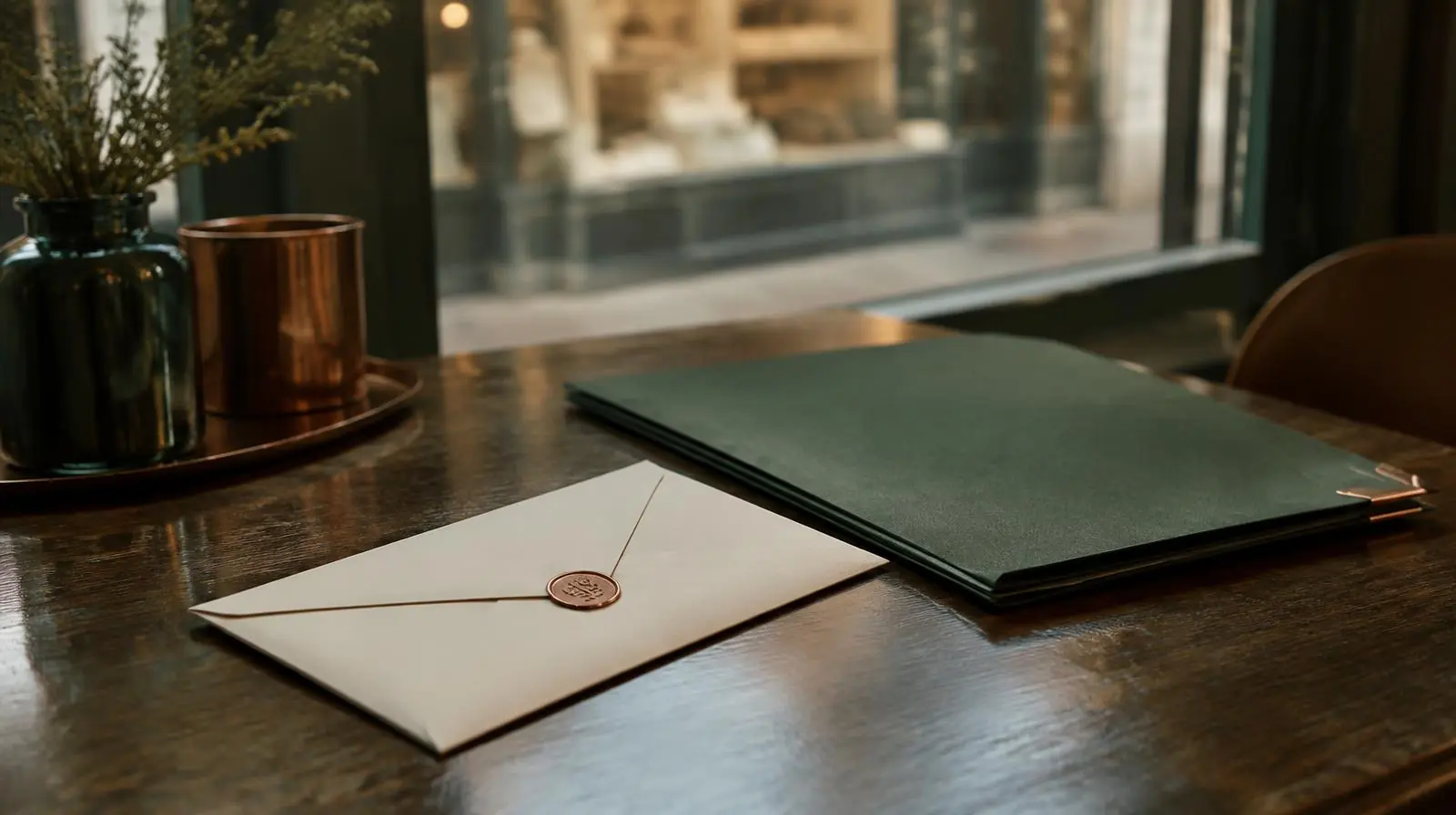 Une enveloppe cachetée et un dossier fermé sur une table, devant la vitrine floutée d’un commerce, tons chauds et sobres.